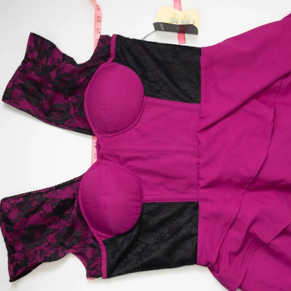 Corset Story Dress Waterfall Mesh & Lace Corseted Evening Magenta 38" XL New - Picture 9 of 11